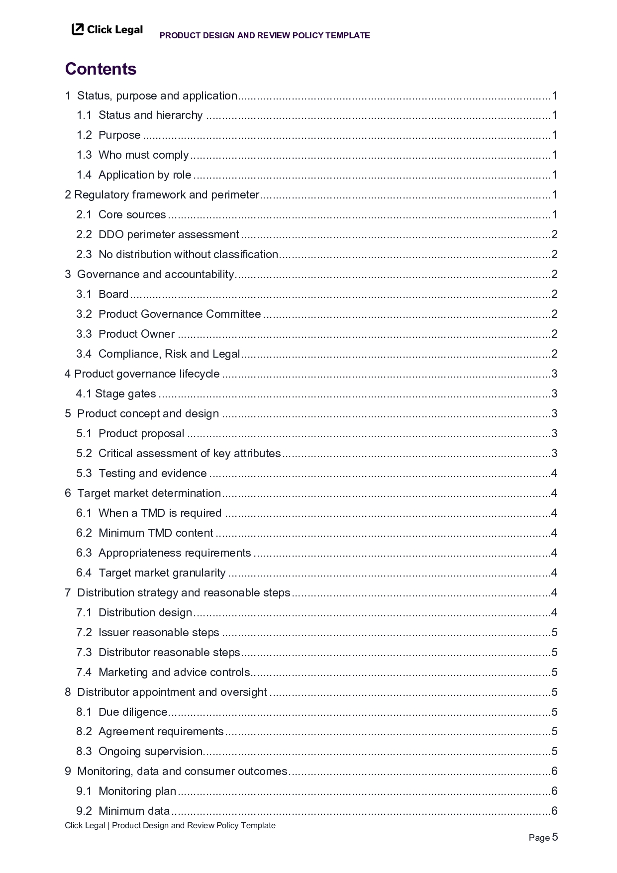 Table of contents for a product design and review policy template