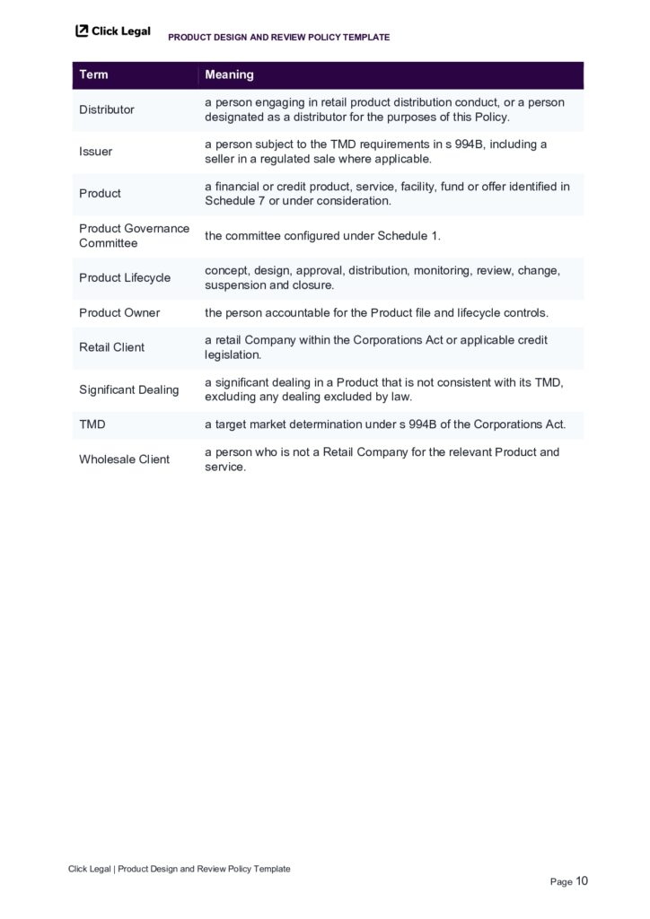 Product Design and Review Policy Template: Terms and Definitions