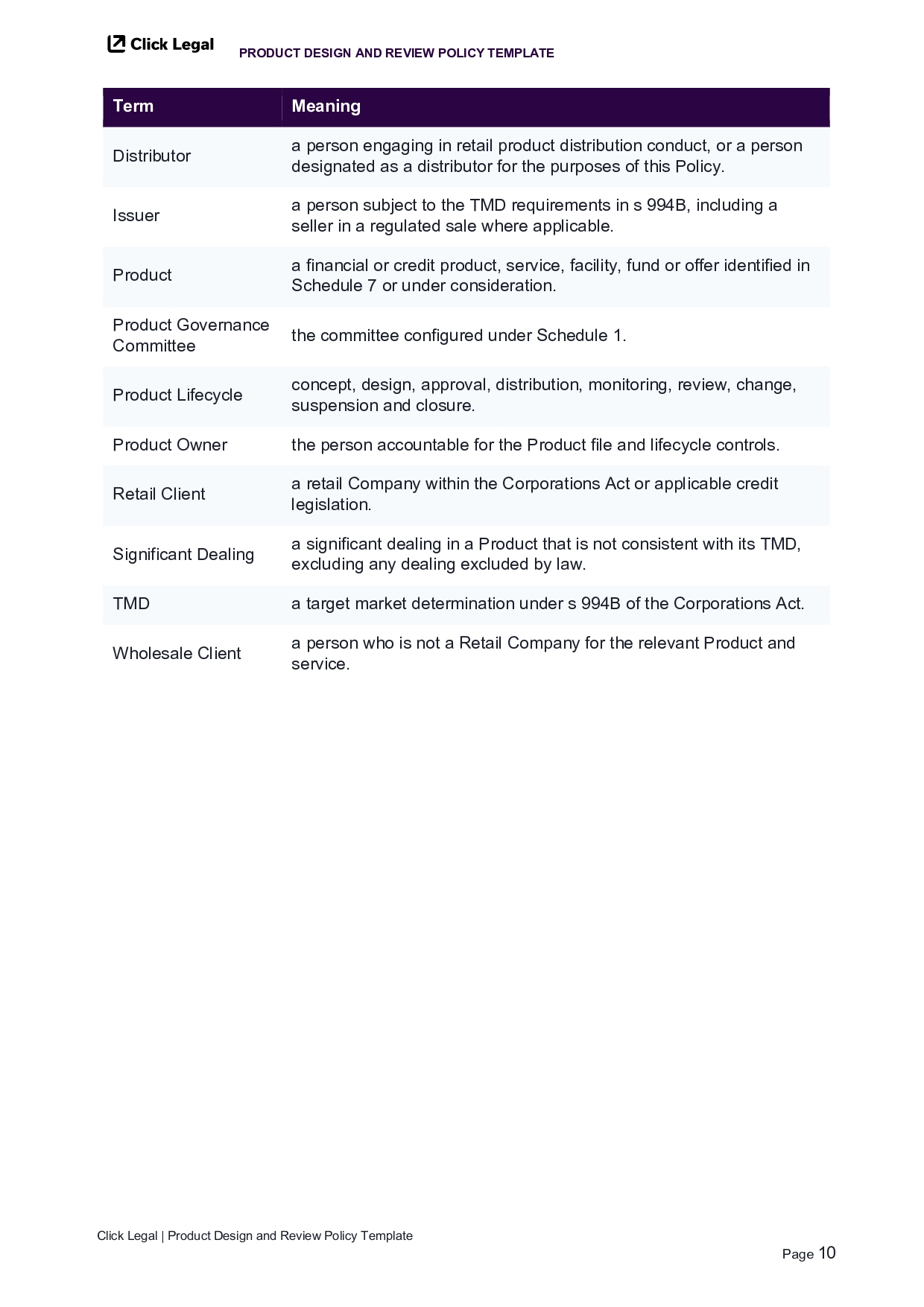 Product Design and Review Policy Template: Terms and Definitions