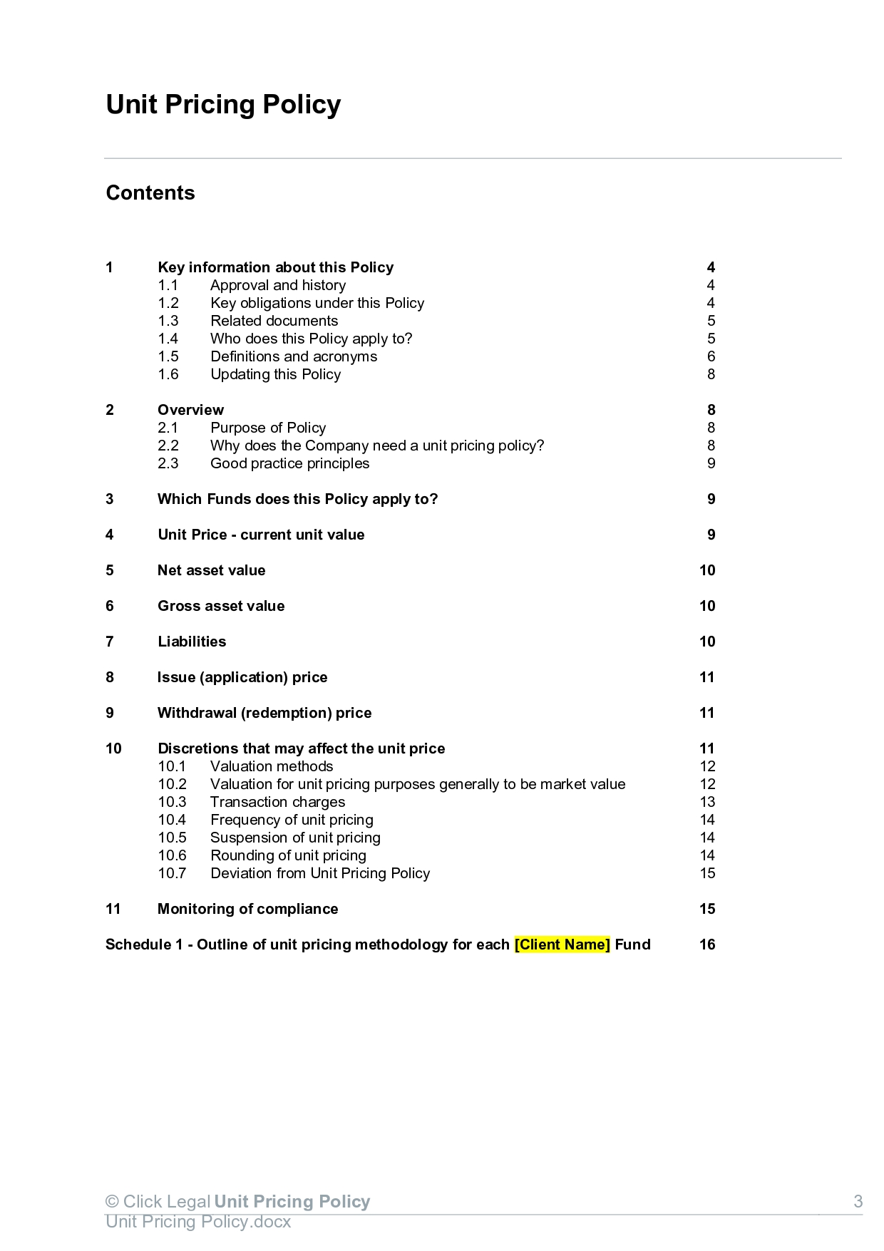 Table of Contents: Unit Pricing Policy - Key Information, Overview, Funds, Liabilities, Discretion, and Compliance