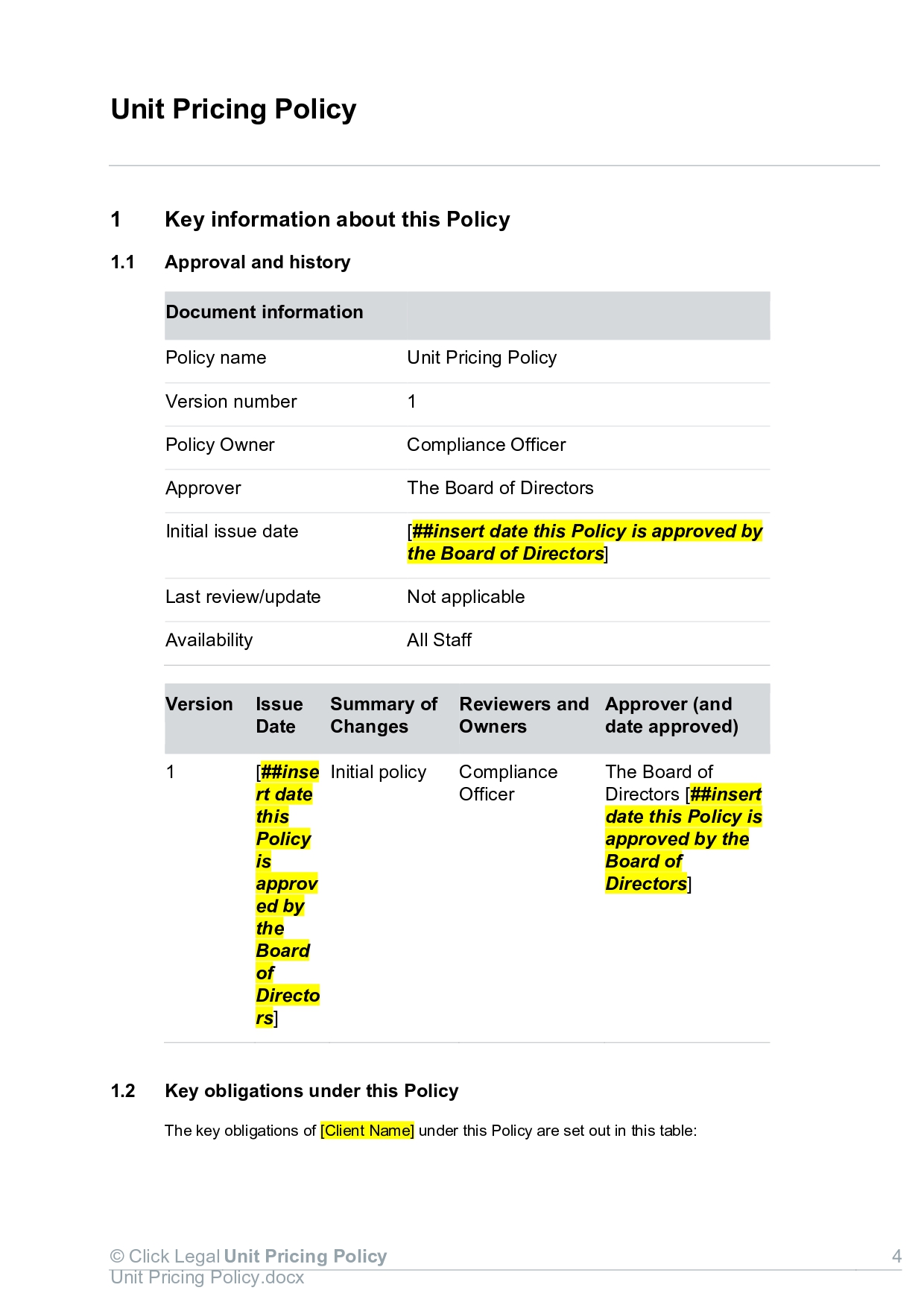Unit Pricing Policy document excerpt with version, approval, and key obligations sections.