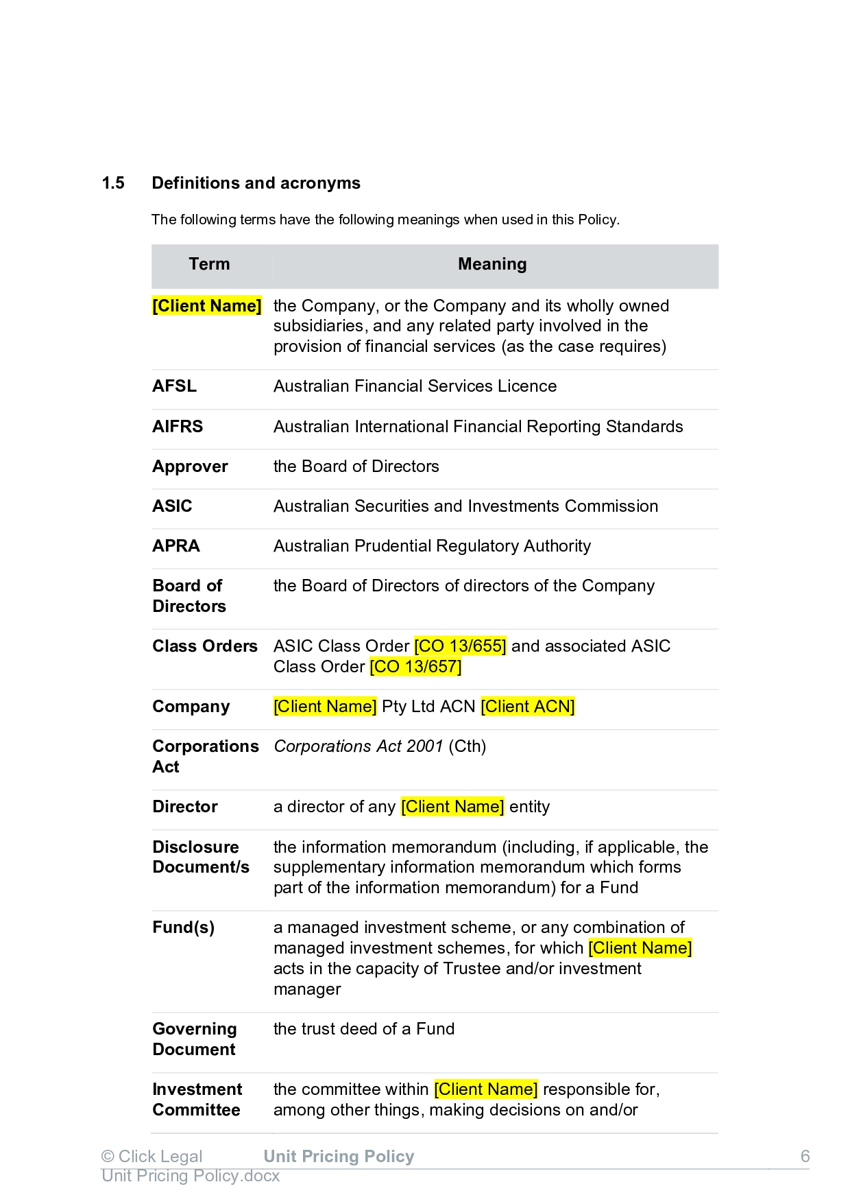 Definitions and acronyms from a financial services document, including ASIC, APRA, and AFSL