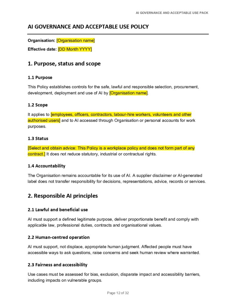 AI Governance and Acceptable Use Policy page detailing purpose, scope, and accountability