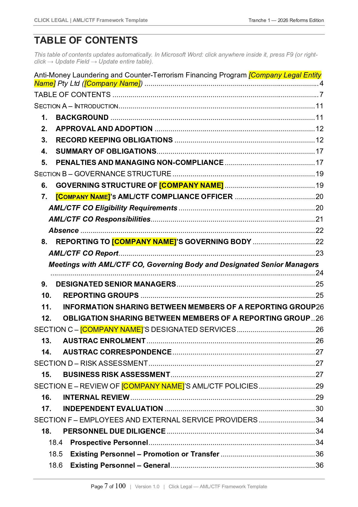 Table of contents for Anti-Money Laundering and Counter-Terrorism Financing Program