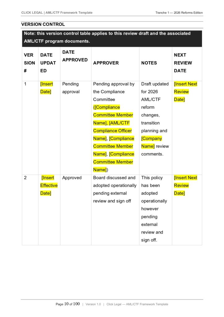 Version control table for AML/CTF program documents, showing review and approval status.