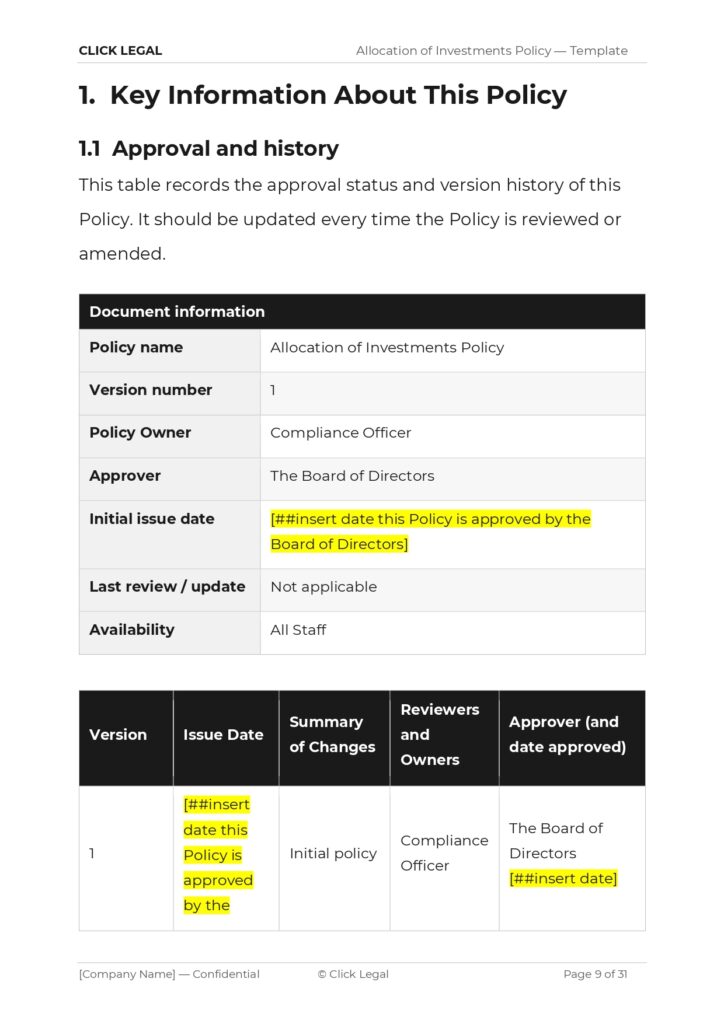 Policy document table showing version history, approval status, and review dates for an investments policy.
