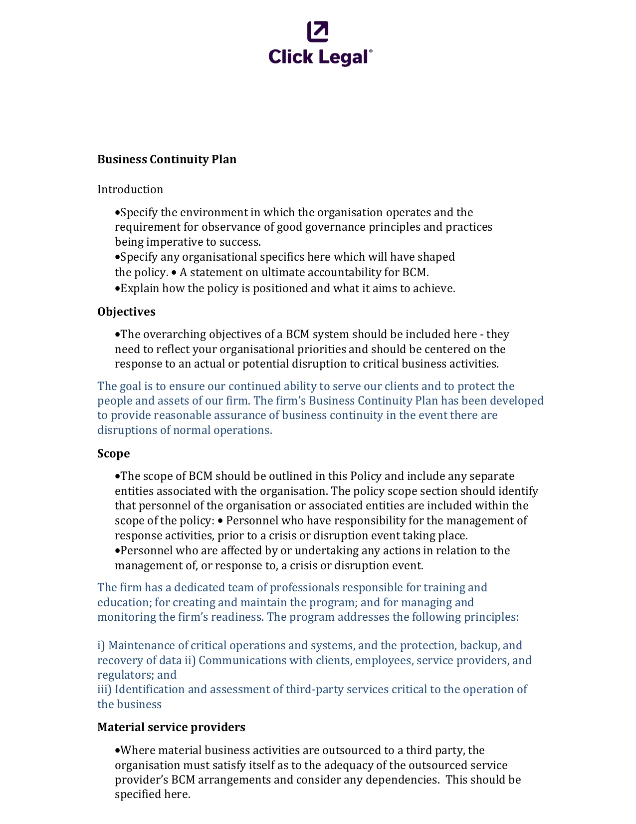 Business Continuity Plan document from Click Legal