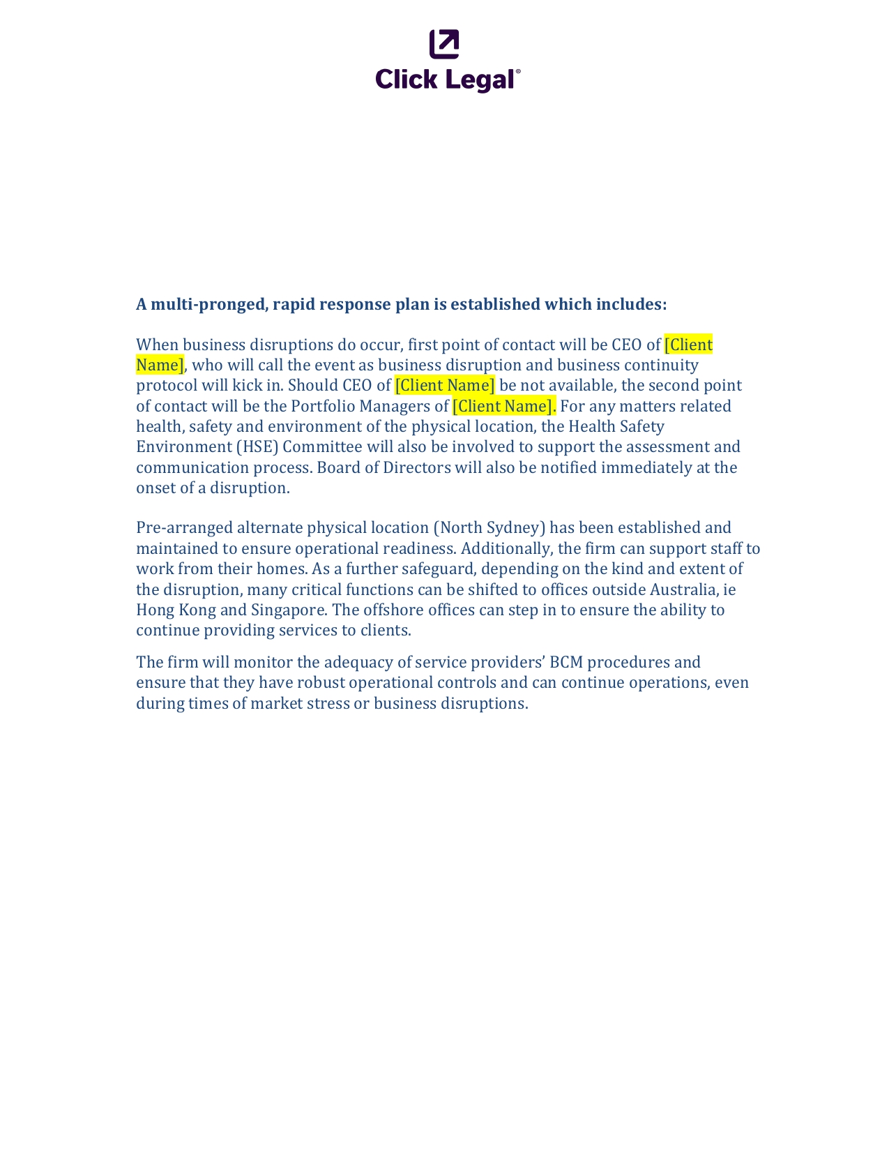 Click Legal logo, a multi-pronged rapid response plan for business disruption