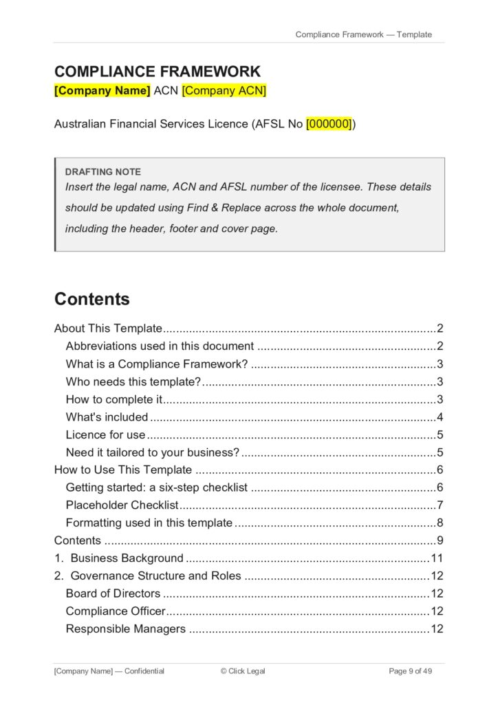Compliance Framework Template: Table of Contents