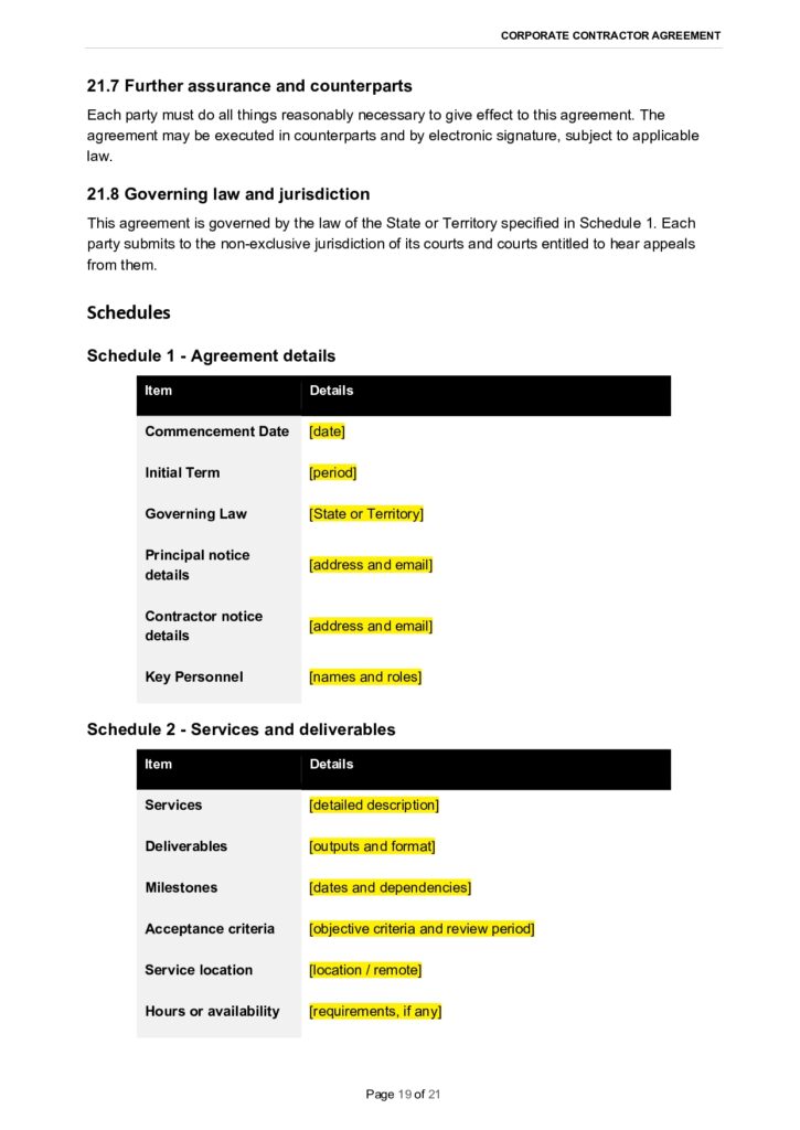 Contract details: commencement date, governing law, and principal notice details.