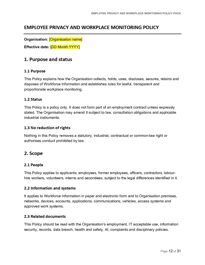 Employee Privacy and Workplace Monitoring Policy document excerpt