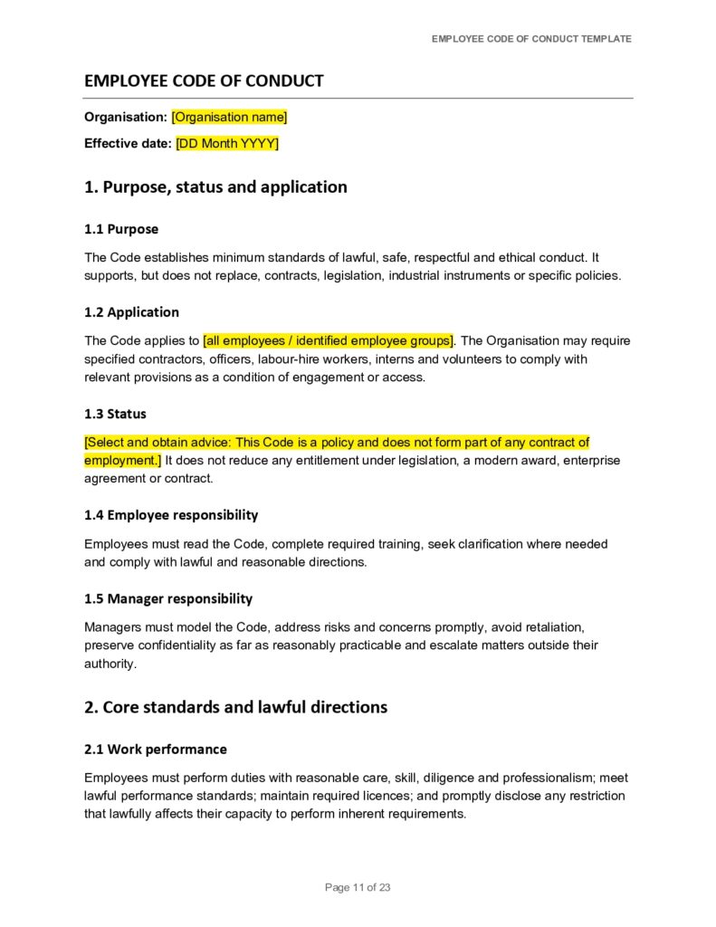Employee Code of Conduct document excerpt on workplace ethics and responsibilities.