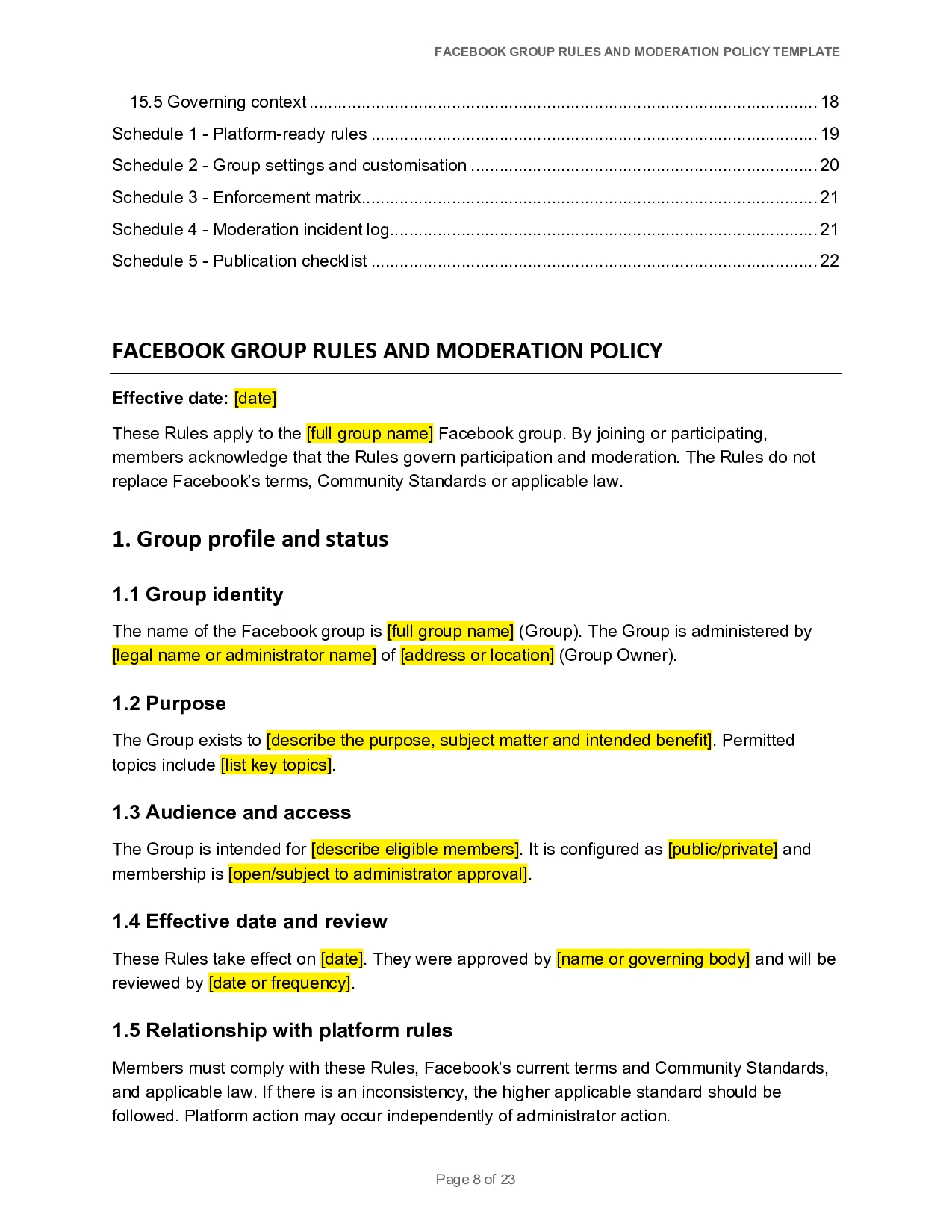Facebook Group Rules and Moderation Policy document excerpt
