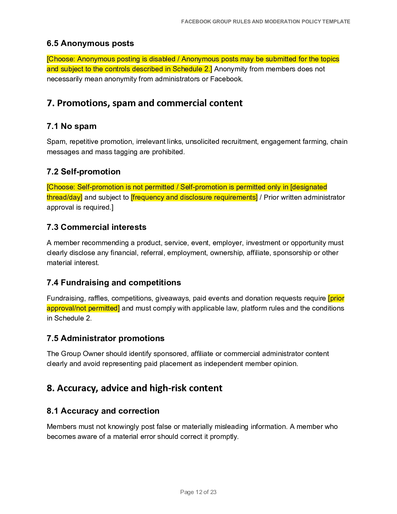 Facebook group rules and moderation policy template text