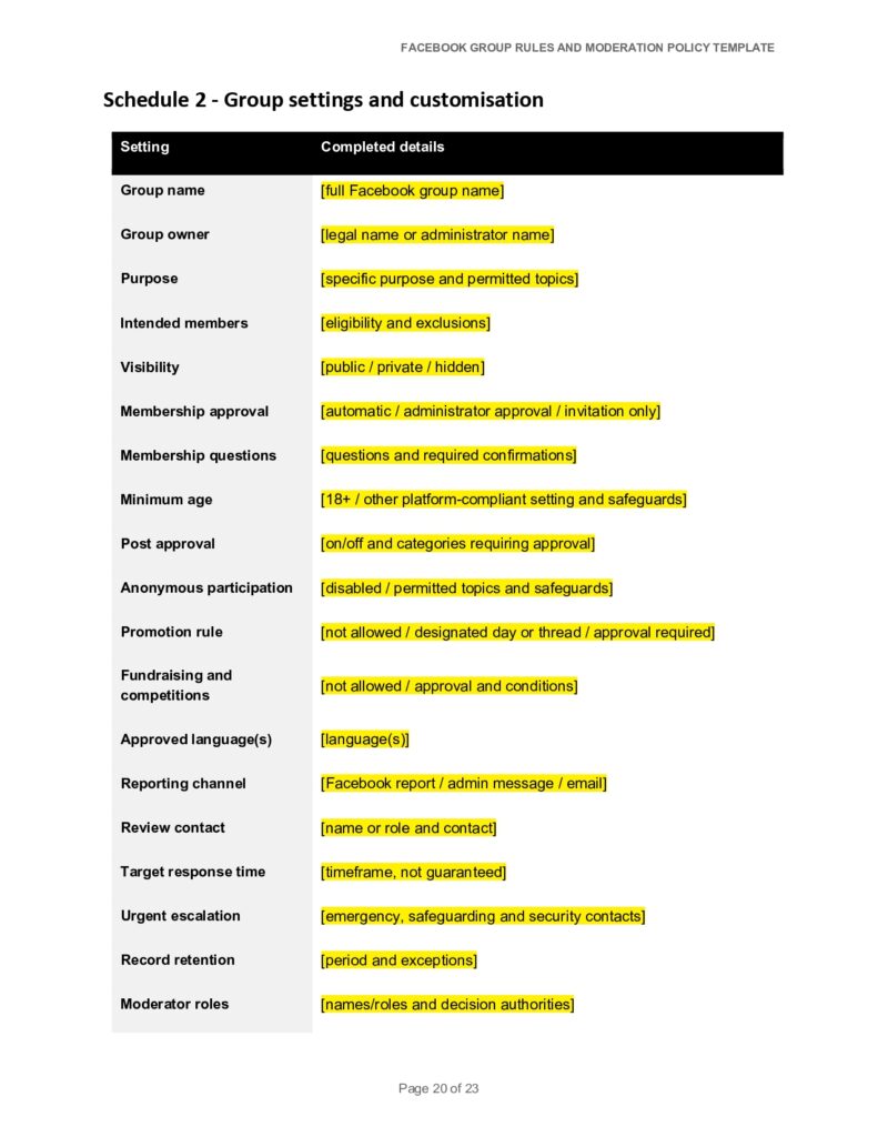Facebook group settings and customization options table