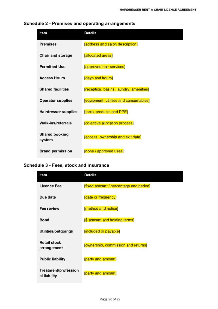 Hairdresser rent-a-chair licence agreement: Schedule 2, premises and operating arrangements