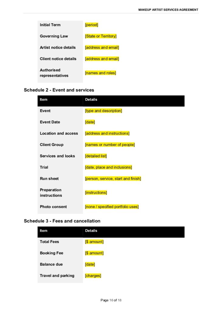 Makeup artist services agreement: schedule of events, services, and fees.