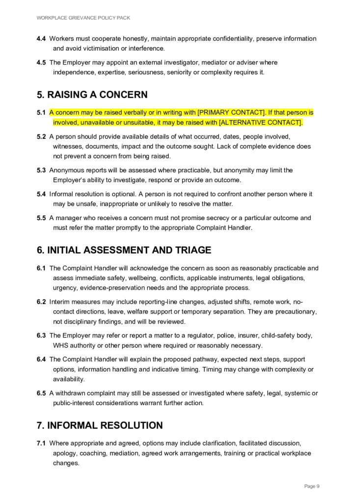 Workplace Grievance Policy Pack: Raising a Concern and Initial Assessment