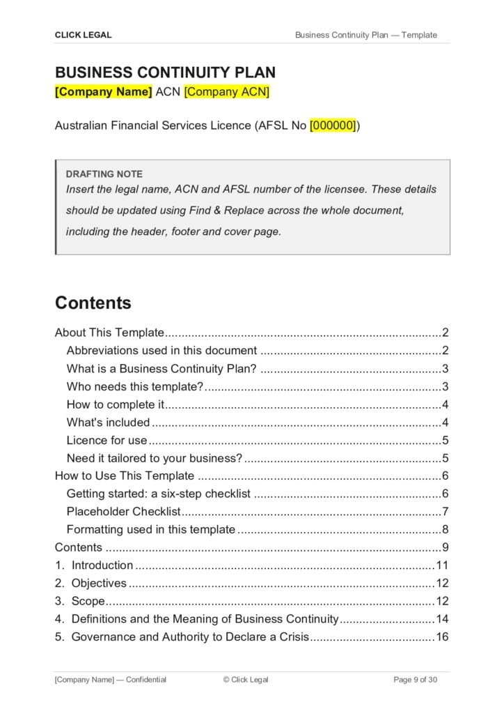 Business continuity plan template table of contents