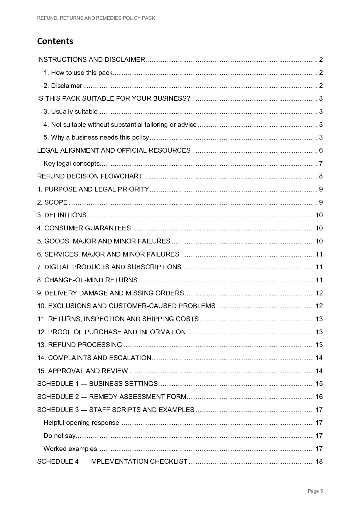 Contents page of a policy pack detailing instructions, disclaimers, and remedies