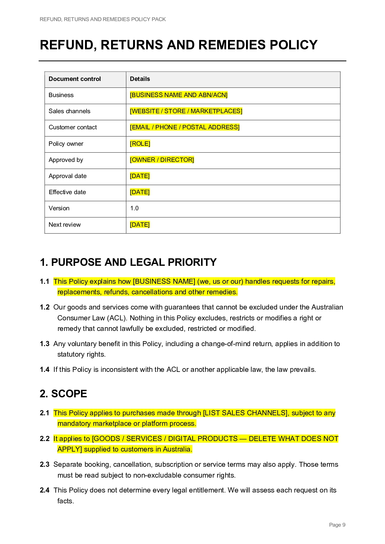 Refund, Returns and Remedies Policy document details for [Business Name]
