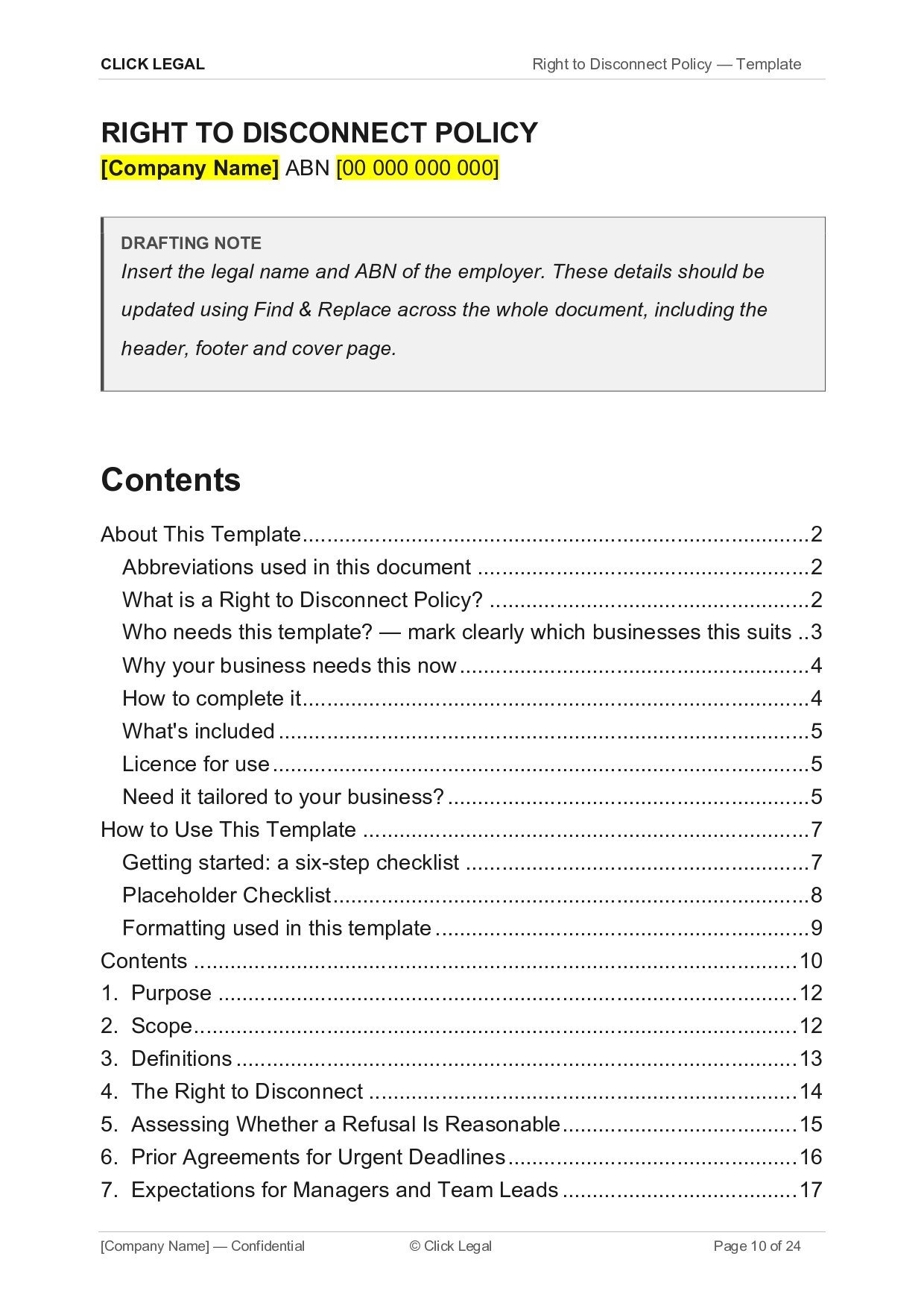 Page 1 of 10 of a Right to Disconnect Policy template, showing contents and drafting notes.