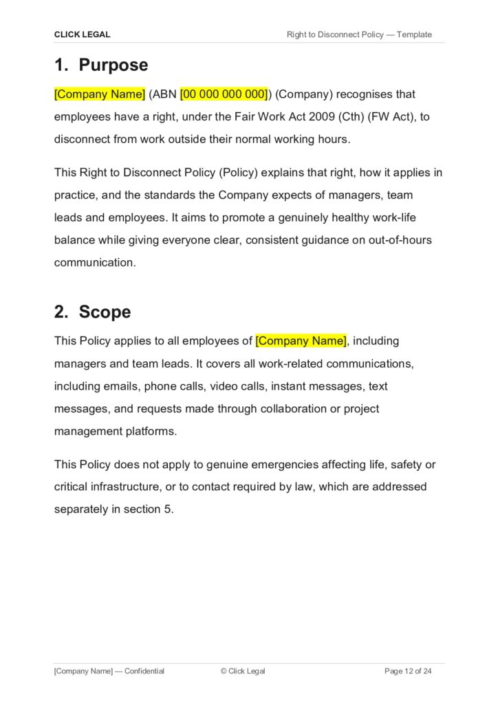Page 12 of 24: Right to Disconnect Policy section 1 and 2