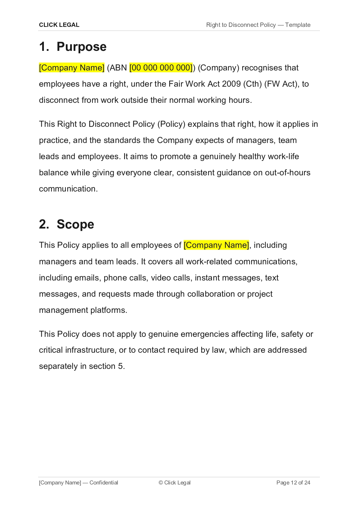 Page 12 of 24: Right to Disconnect Policy section 1 and 2