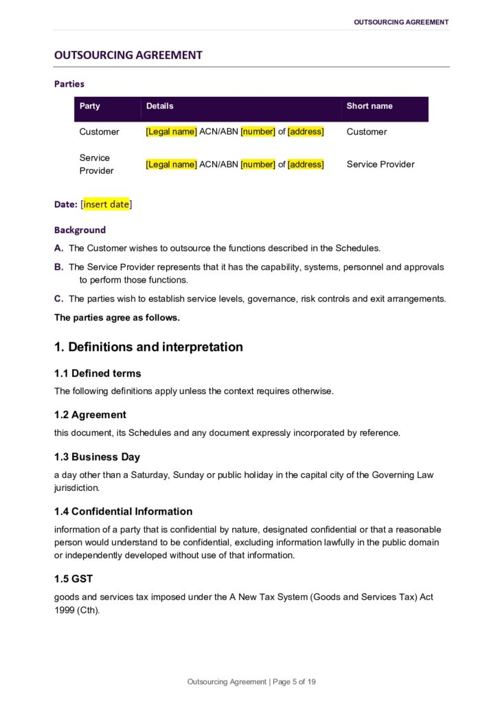 Outsourcing agreement document with sections on Parties, Definitions, and Confidential Information.