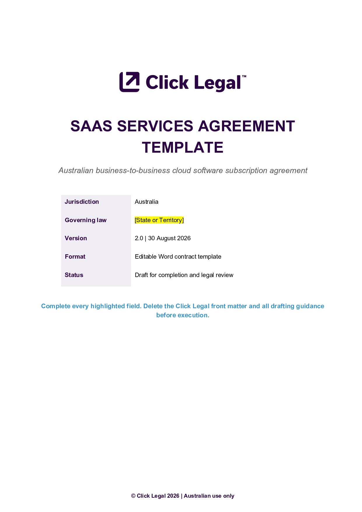 SaaS Services Agreement Template by Click Legal