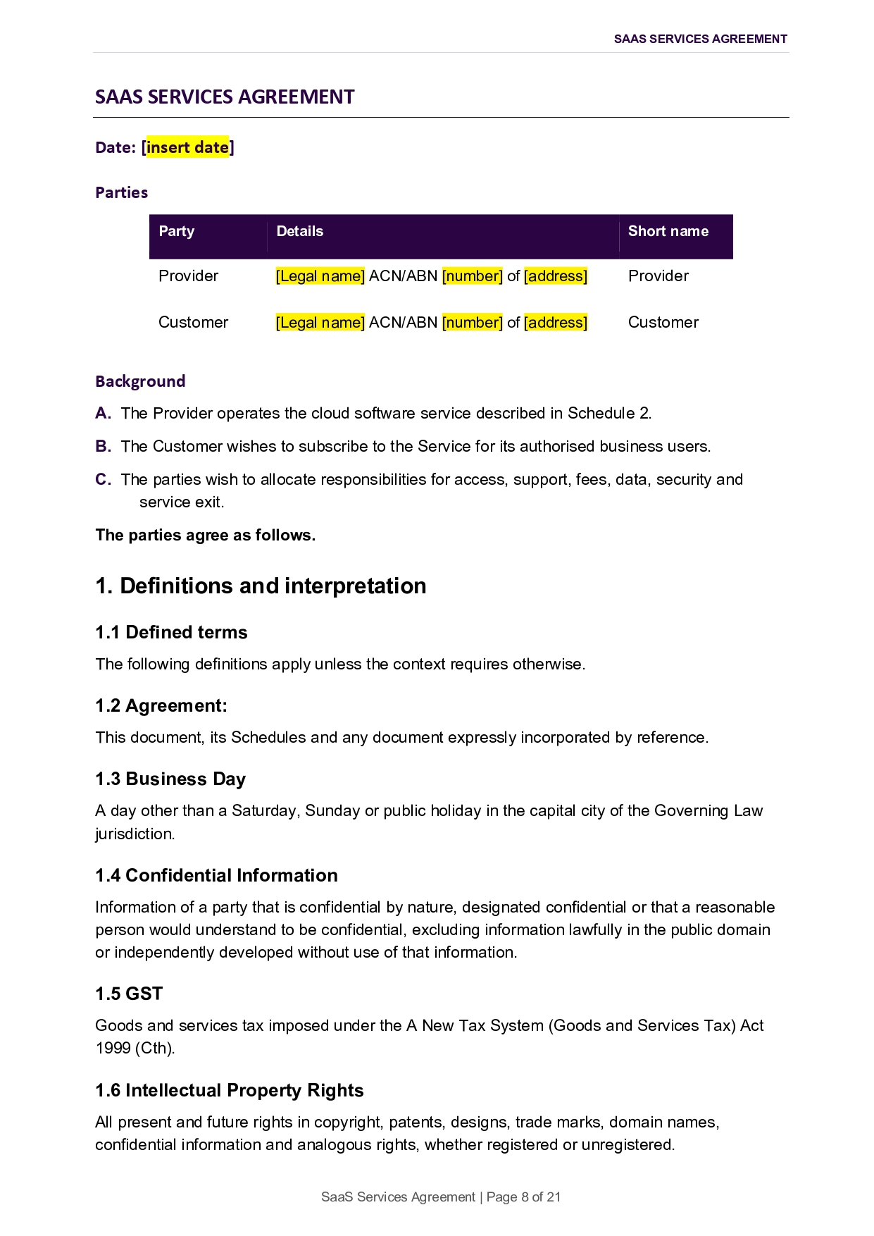 SaaS Services Agreement document with sections on Parties, Background, and Definitions.