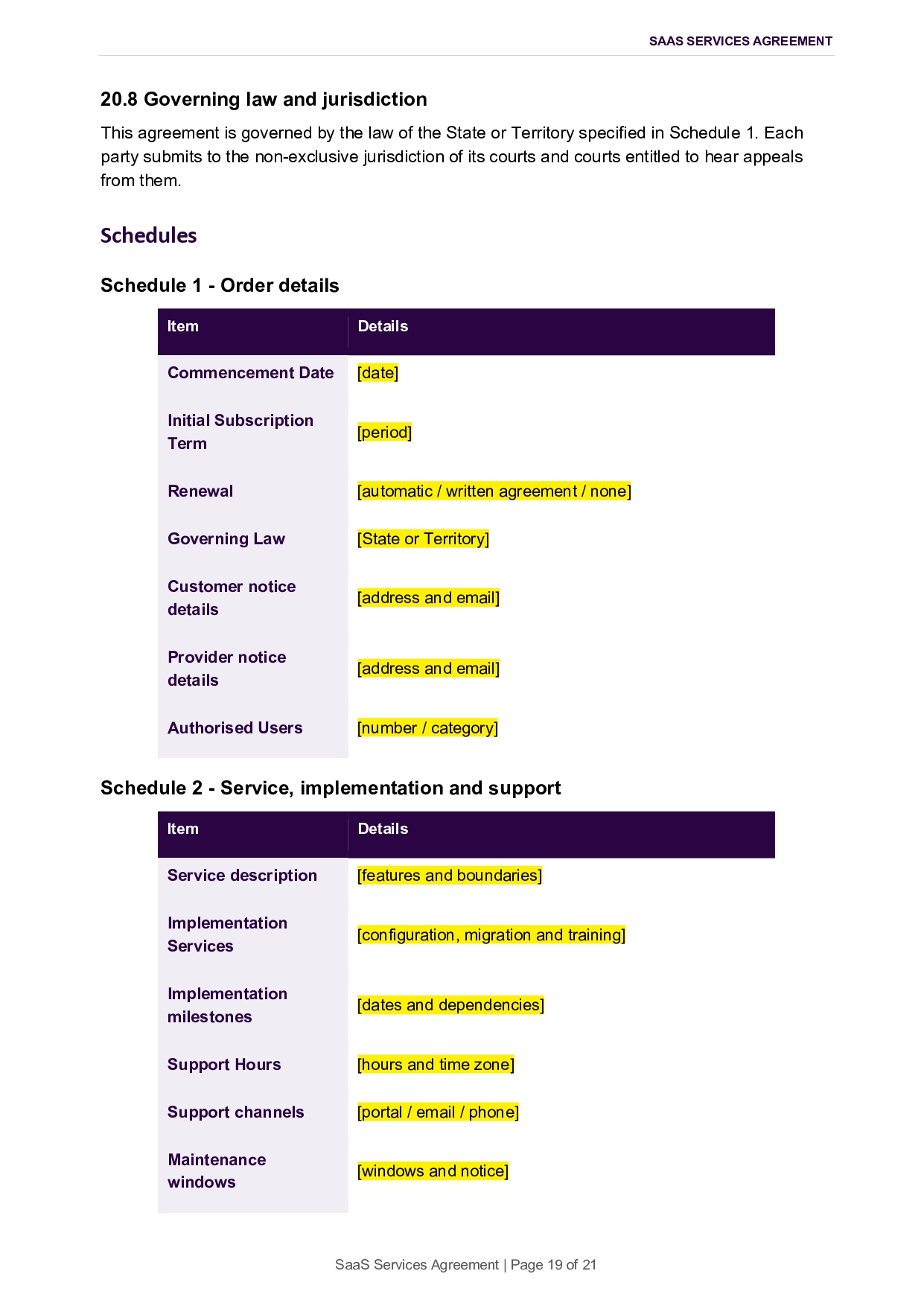 SaaS Services Agreement: Governing Law, Jurisdiction, and Service Details