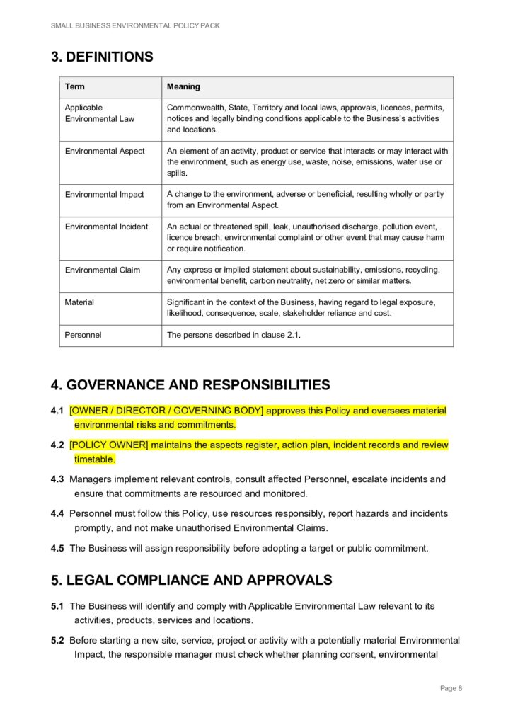 Environmental policy definitions: Applicable Environmental Law, Environmental Aspect, Incident, Claim, Material, Personnel