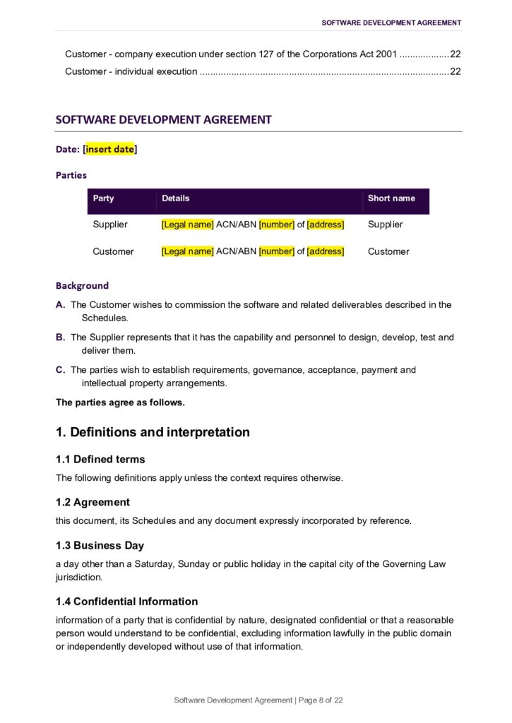 Software Development Agreement document with sections for parties and contract details.