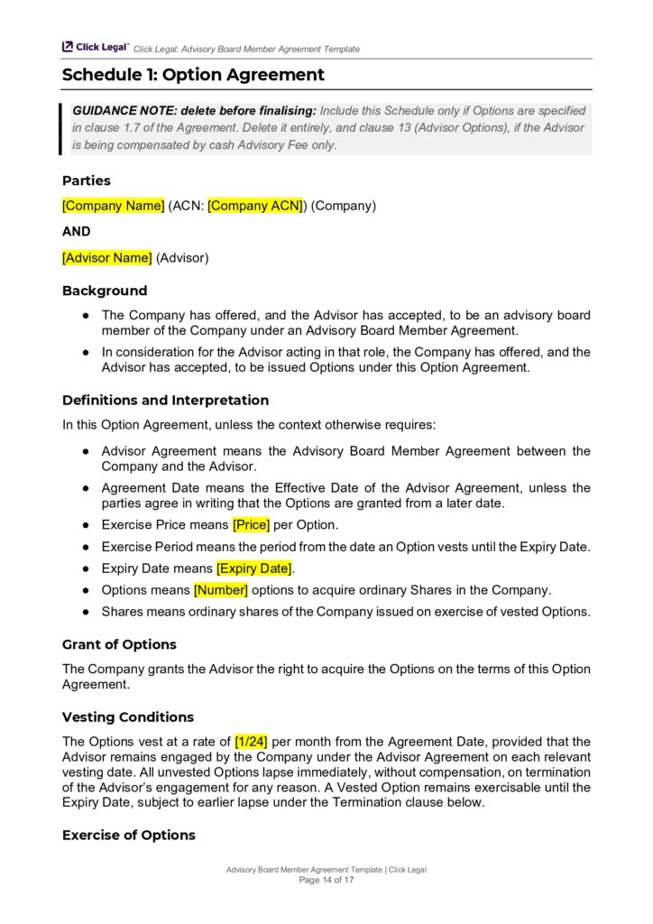 Advisory Board Member Agreement template, Schedule 1: Option Agreement with grant details.