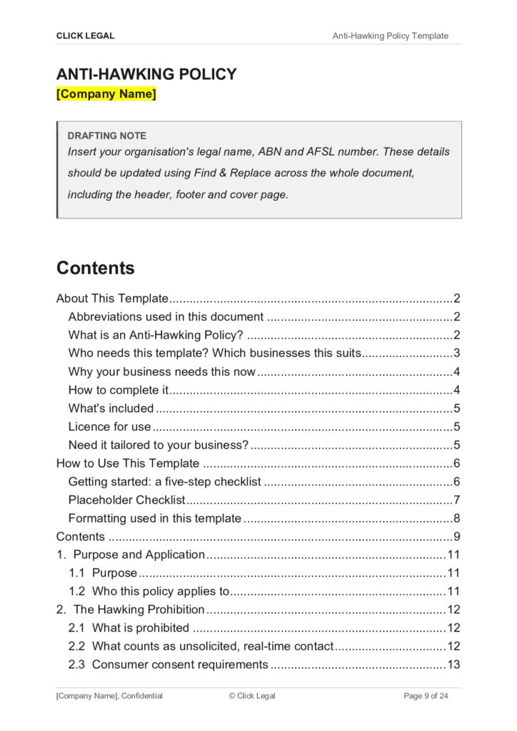 Anti-Hawking Policy template contents page with document sections and page numbers.