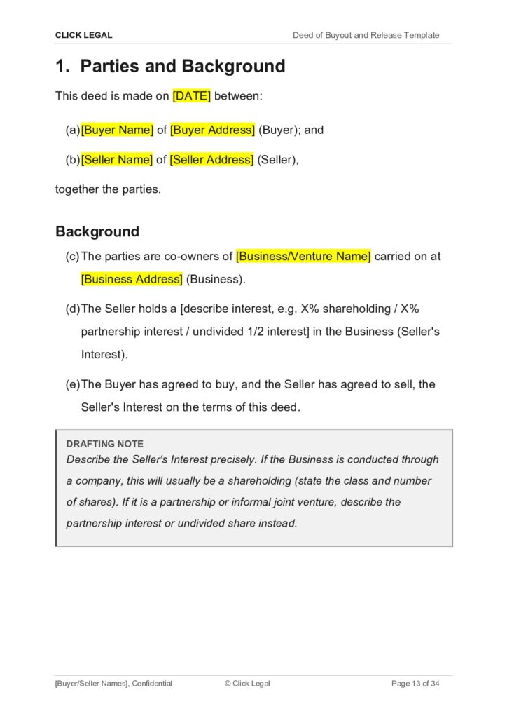 Deed of Buyout and Release Template: Section 1 Parties and Background details buyer and seller information.
