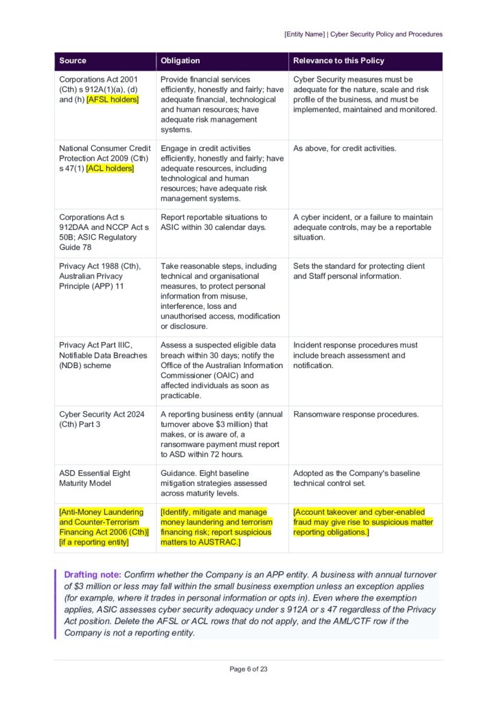 Cyber Security Policy table: Source, Obligation, and Relevance to Policy columns