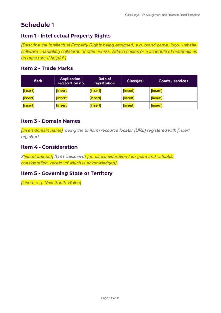 Schedule 1: Intellectual Property Rights and Trade Marks form