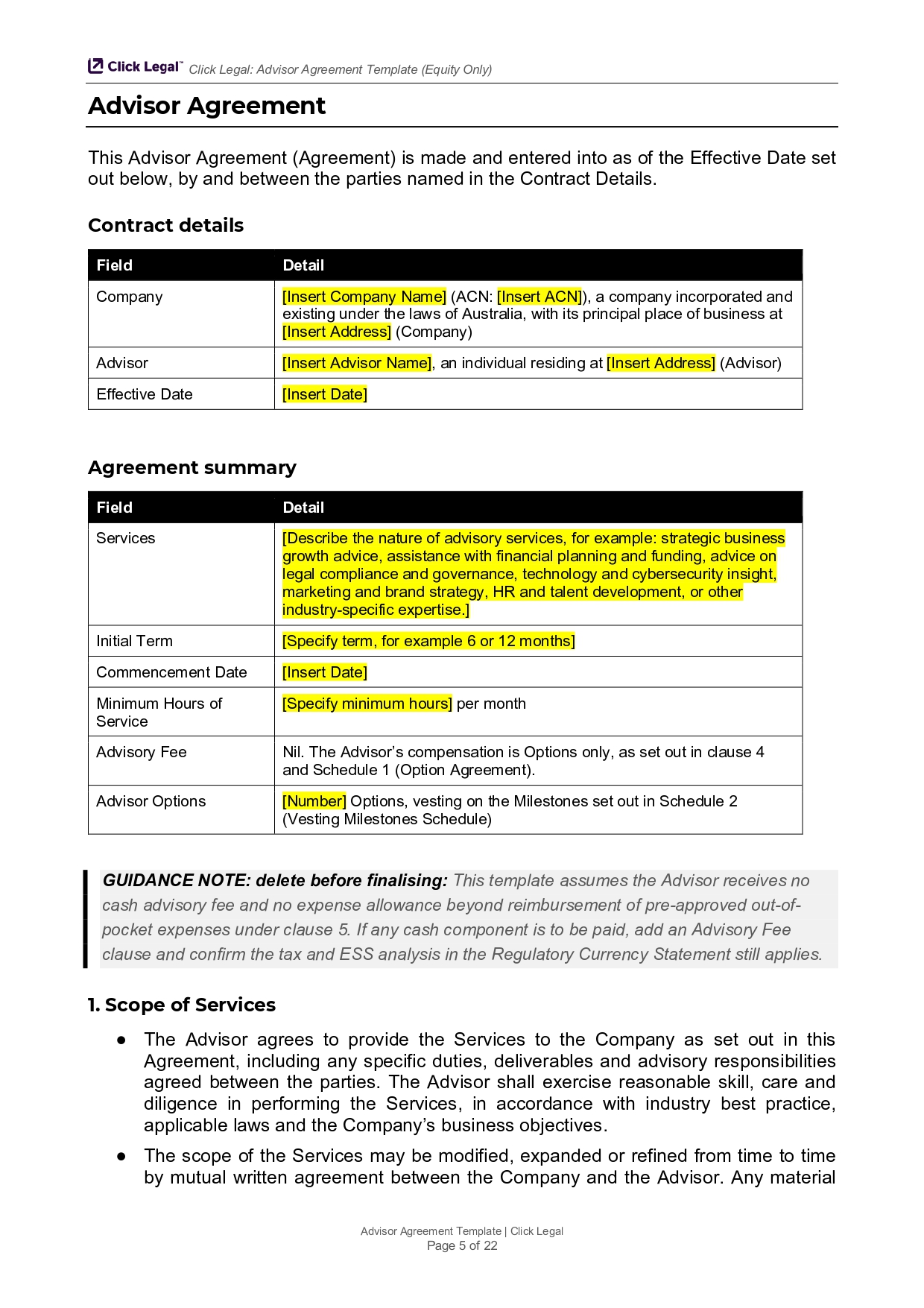Advisor Agreement template document showing contract details and agreement summary