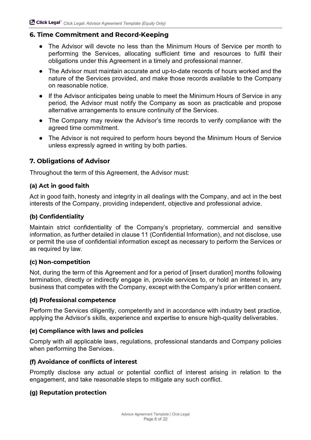 Click Legal Advisor Agreement Template: Time Commitment, Record-Keeping, and Obligations