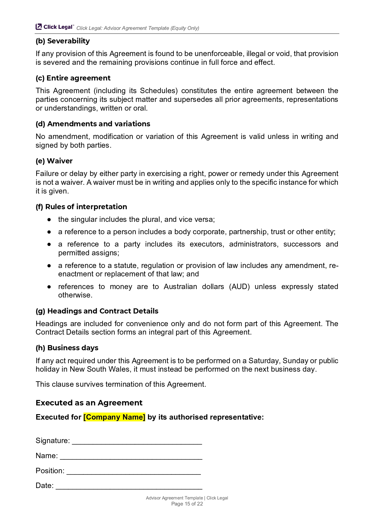 Advisor Agreement Template: Section on Business Days and Execution