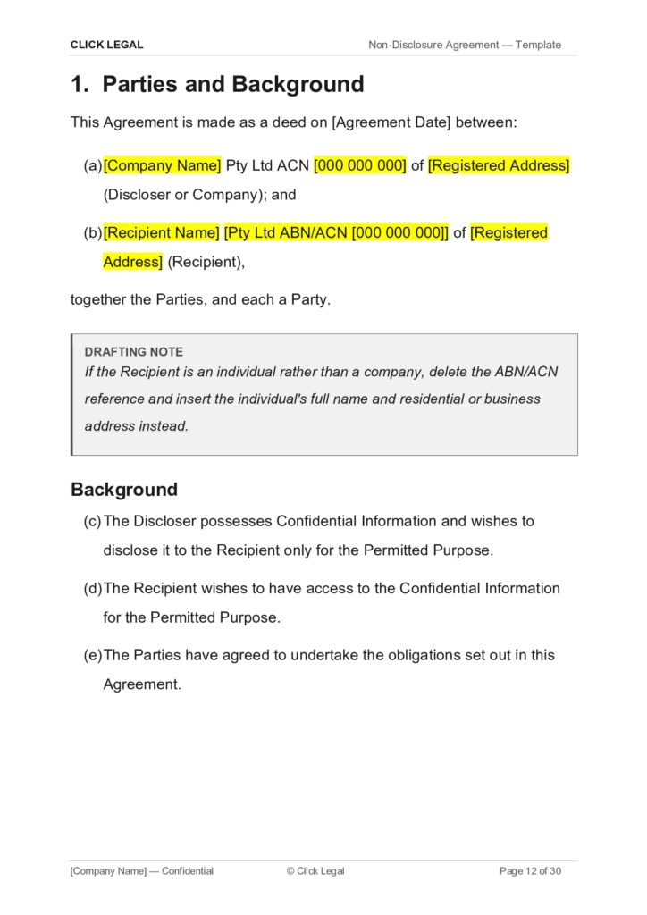 Page 12 of 30: Non-Disclosure Agreement template, Section 1 Parties and Background