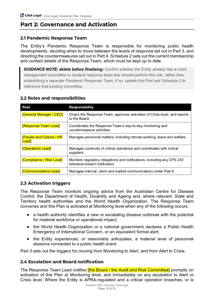 Pandemic Plan Template: Part 2 Governance and Activation overview