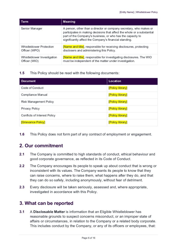 Whistleblower Policy document excerpt detailing terms, definitions, and related documents.