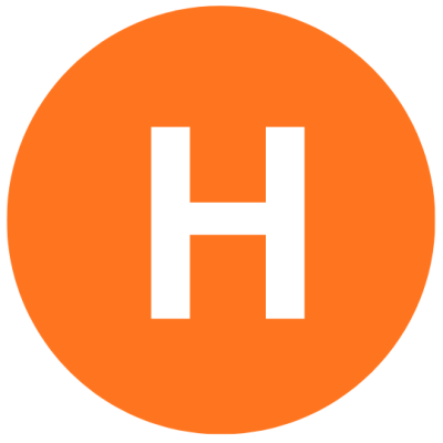 Orange circle with white letter H.